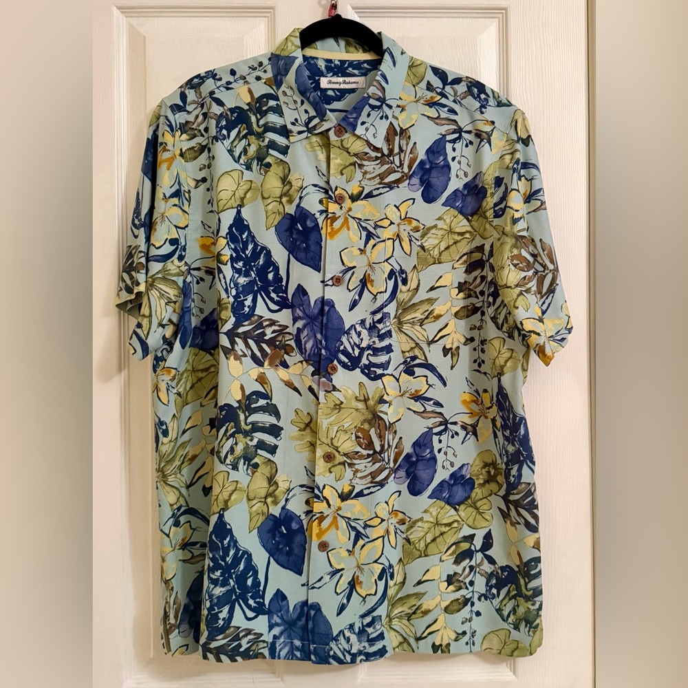Tommy Bahama White Shirt with Blue and Yellow Floral Print, XL